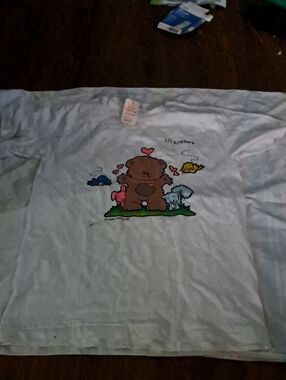 Hanes White Short Sleeve Tee with Brown Bear and Colorful Animal Friends